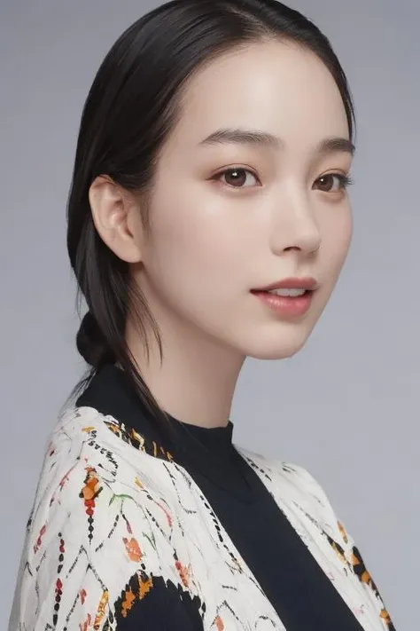 ((masterpiece)),1girl,(((upper_body))),bust shot,RAW photo,profile,smile,from side,(detailed face:0.6),(detailed eyes:0.7),photo realistic,(looking at viewer:1.5),standing,
<lora:nonv01-000008:0.77>,nounen,simple background,black eyes,(forehead:1.5),fair skin,(pale skin:0.9),(messy hair:2.4),
(collarbonea:1.2),(over sized low gauge sweater:1.4),a geometric patterned sweater,((multi colored sweater)),high brand cloth,((Crew neck)),(makeup:0.6),