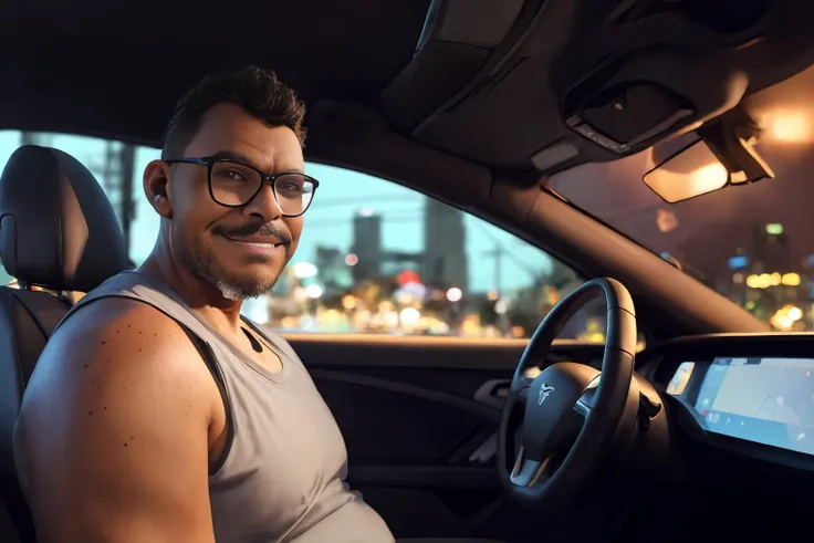 three quarter side view, hyperrealistic, (masterpiece), high details, ultra-realistic, photograph of ( <lora:gutto2024lora:1> gutto2024lora, solo, facial hair, short hair, brown eyes, glasses, dark skin, dark-skinned male, moles, mature male, arm hair, realistic, male focus), sitting in a tesla interior, behind steering wheel, dashboard, carseat, front seat, (((looking at viewer))), smile, arm on car door, blurry background, gorgeous favela background, bokeh, 32k, cinematic, night, (((SFW))),