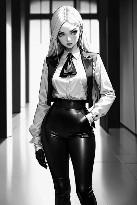 Nobody_XilouVicious:0.9, 1girl, solo,adult mature woman, age 30, standing, high quality, best quality, highres, high detail, (white gloves), butler outfit, vest, tailcoat:1.2, elegant and sophisticated, Victorian era influence, tailored jacket, crisp white shirt, ascot, high-waisted trousers, polished leather boot heels, detailed embroidery, monochrome color palette, cinematic lighting 8k resolution,