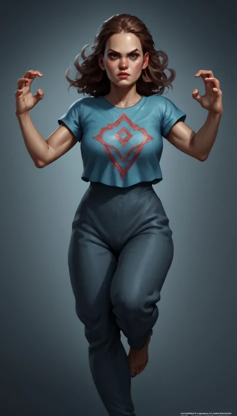 score_9, score_8_up, score_7_up, (realistic, source_photo BREAK action shot, dynamic pose, detailed background, embedding:OverallDetailXL:1.4), Kaleidia is a woman with piercing blue-grey eyes and a snub nose, her shoulder length dark brown hair frames her diamond shaped face quite nicely, she prefers simple colorful t-shirts in bright colors, intricate detail, highly detailed skin pores, highly detailed hair, intricate skin detail, skin imperfections