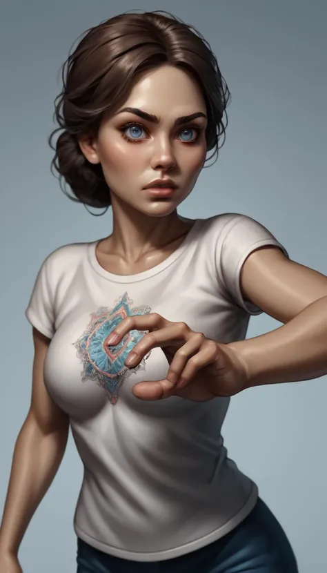 score_9, score_8_up, score_7_up, (realistic, source_photo BREAK action shot, dynamic pose, detailed background, embedding:OverallDetailXL:1.4), Kaleidia is a woman with piercing blue-grey eyes and a snub nose, her shoulder length dark brown hair frames her diamond shaped face quite nicely, she prefers simple colorful t-shirts in bright colors, intricate detail, highly detailed skin pores, highly detailed hair, intricate skin detail, skin imperfections