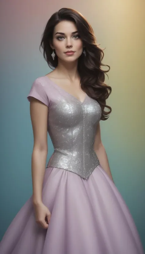 score_9, score_8_up, score_7_up, (realistic, source_photo BREAK in a dress, attending a gala, detailed background, embedding:OverallDetailXL:1.4), Kaleidia is a woman with piercing blue-grey eyes and a snub nose, her shoulder length dark brown hair frames her diamond shaped face quite nicely, she prefers simple colorful t-shirts in bright colors, intricate detail, highly detailed skin pores, highly detailed hair, intricate skin detail, skin imperfections