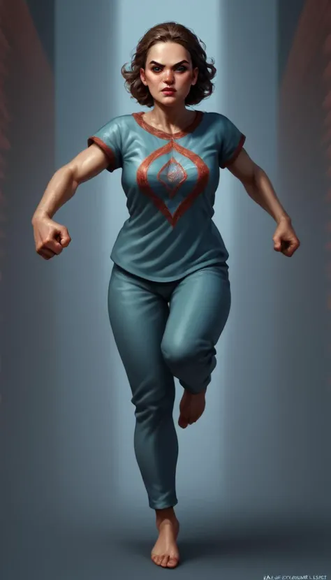score_9, score_8_up, score_7_up, (realistic, source_photo BREAK action shot, dynamic pose, detailed background, embedding:OverallDetailXL:1.4), Kaleidia is a woman with piercing blue-grey eyes and a snub nose, her shoulder length dark brown hair frames her diamond shaped face quite nicely, she prefers simple colorful t-shirts in bright colors, intricate detail, highly detailed skin pores, highly detailed hair, intricate skin detail, skin imperfections