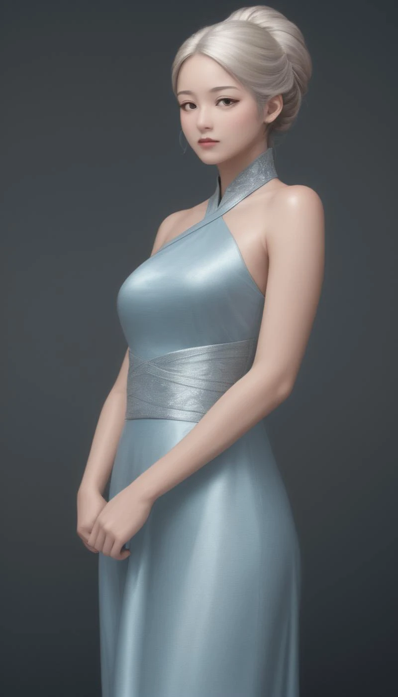 japanese woman with platinum blonde updo hairstyle, wearing a blue coloured gingham boho dress, embedding:OverallDetailXL