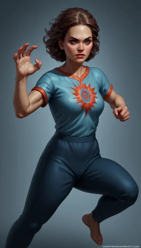 score_9, score_8_up, score_7_up, (realistic, source_photo BREAK action shot, dynamic pose, detailed background, embedding:OverallDetailXL:1.4), Kaleidia is a woman with piercing blue-grey eyes and a snub nose, her shoulder length dark brown hair frames her diamond shaped face quite nicely, she prefers simple colorful t-shirts in bright colors, intricate detail, highly detailed skin pores, highly detailed hair, intricate skin detail, skin imperfections