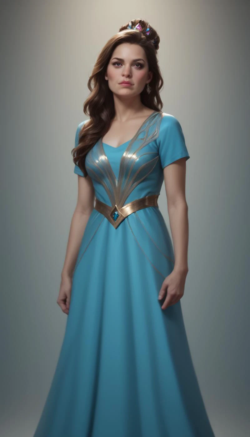 score_9, score_8_up, score_7_up, (realistic, source_photo BREAK in a dress, attending a gala, detailed background, embedding:OverallDetailXL:1.4), Kaleidia is a woman with piercing blue-grey eyes and a snub nose, her shoulder length dark brown hair frames her diamond shaped face quite nicely, she prefers simple colorful t-shirts in bright colors, intricate detail, highly detailed skin pores, highly detailed hair, intricate skin detail, skin imperfections