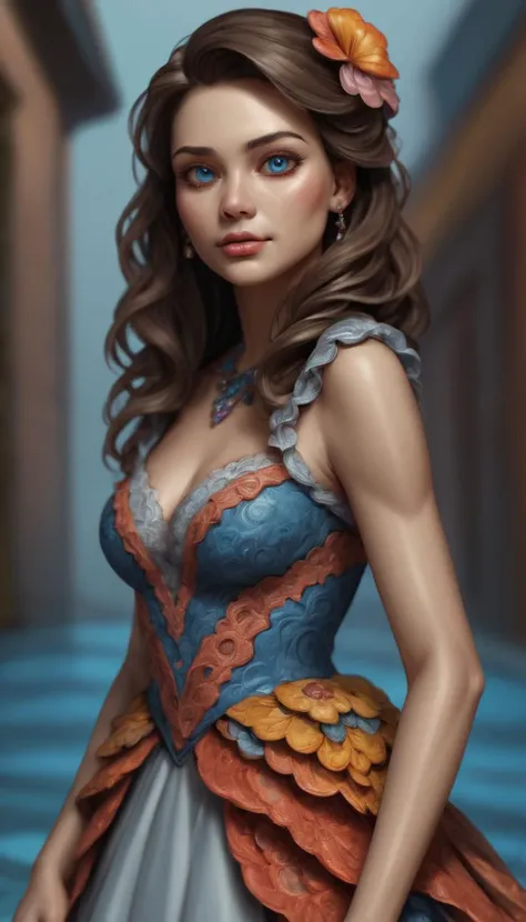 score_9, score_8_up, score_7_up, (realistic, source_photo BREAK in a dress, attending a gala, detailed background, embedding:OverallDetailXL:1.4), Kaleidia is a woman with piercing blue-grey eyes and a snub nose, her shoulder length dark brown hair frames her diamond shaped face quite nicely, she prefers simple colorful t-shirts in bright colors, intricate detail, highly detailed skin pores, highly detailed hair, intricate skin detail, skin imperfections