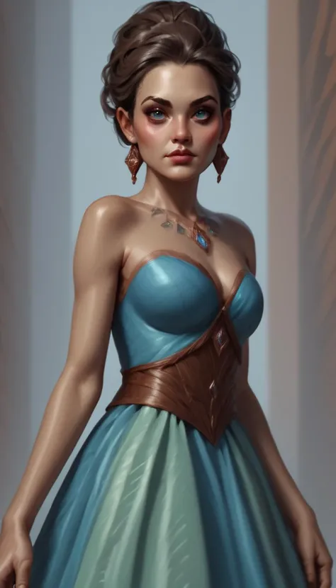 score_9, score_8_up, score_7_up, (realistic, source_photo BREAK in a dress, attending a gala, detailed background, embedding:OverallDetailXL:1.4), Kaleidia is a woman with piercing blue-grey eyes and a snub nose, her shoulder length dark brown hair frames her diamond shaped face quite nicely, she prefers simple colorful t-shirts in bright colors, intricate detail, highly detailed skin pores, highly detailed hair, intricate skin detail, skin imperfections