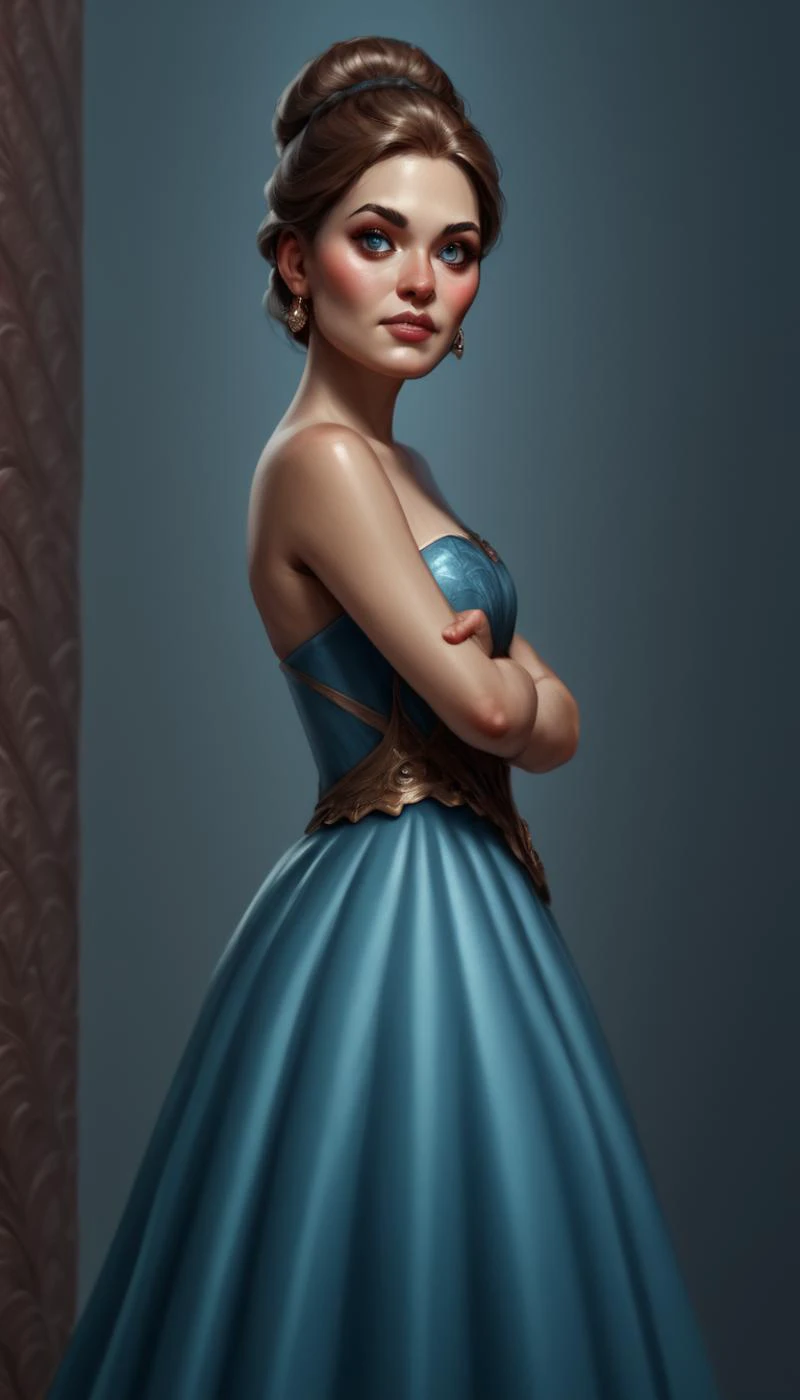 score_9, score_8_up, score_7_up, (realistic, source_photo BREAK in a dress, attending a gala, detailed background, embedding:OverallDetailXL:1.4), Kaleidia is a woman with piercing blue-grey eyes and a snub nose, her shoulder length dark brown hair frames her diamond shaped face quite nicely, she prefers simple colorful t-shirts in bright colors, intricate detail, highly detailed skin pores, highly detailed hair, intricate skin detail, skin imperfections