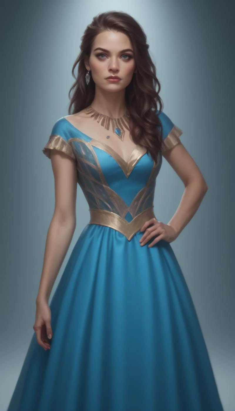 score_9, score_8_up, score_7_up, (realistic, source_photo BREAK in a dress, attending a gala, detailed background, embedding:OverallDetailXL:1.4), Kaleidia is a woman with piercing blue-grey eyes and a snub nose, her shoulder length dark brown hair frames her diamond shaped face quite nicely, she prefers simple colorful t-shirts in bright colors, intricate detail, highly detailed skin pores, highly detailed hair, intricate skin detail, skin imperfections