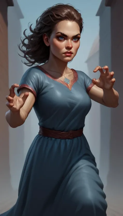score_9, score_8_up, score_7_up, (realistic, source_photo BREAK action shot, dynamic pose, detailed background, embedding:OverallDetailXL:1.4), Kaleidia is a woman with piercing blue-grey eyes and a snub nose, her shoulder length dark brown hair frames her diamond shaped face quite nicely, she prefers simple colorful t-shirts in bright colors, intricate detail, highly detailed skin pores, highly detailed hair, intricate skin detail, skin imperfections