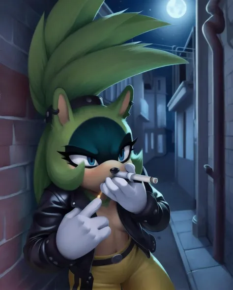 surge the tenrec, female, alley, night, detailed background, detailed face, blue eyes, leather jacket, gloves, yellow pants, looking away, cigarette in mouth, by doug winger,by smokyjai, <lora:SurgeTheTenrec-021-Polyfur-e050:1>