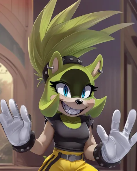 surge the tenrec, female, blue eyes, sleeveless shirt, yellow pants, gloves, grin, teeth,  <lora:SurgeTheTenrec-021-Polyfur-e050:1>