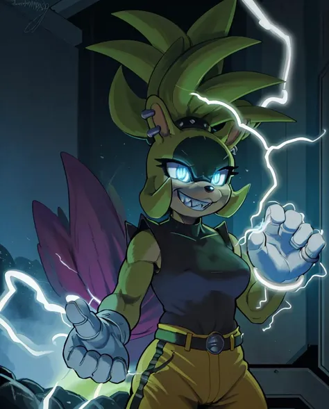 detailed background, female, surge the tenrec, electrogenesis, gloves, ring piercing, sleeveless shirt, yellow pants, evil grin, glowing eyes, snapping fingers, by cottontail,by greasymojo,by senshion,by doug winger <lora:SurgeTheTenrec-021-Polyfur-e050:1>