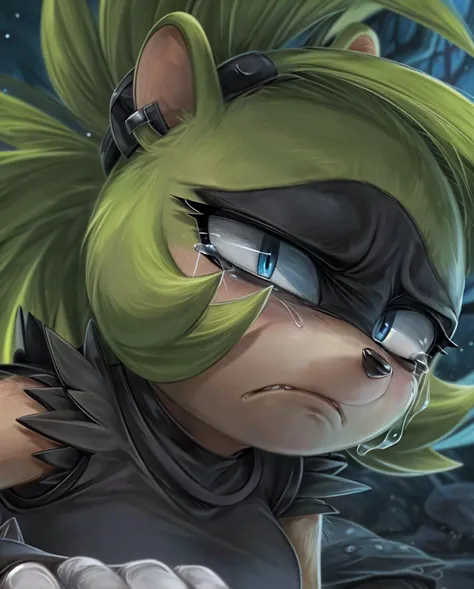 surge the tenrec, female, detailed background, blue eyes, sleeveless shirt, gloves, close-up, looking away, tears, frown,  <lora:SurgeTheTenrec-021-Polyfur-e050:1>