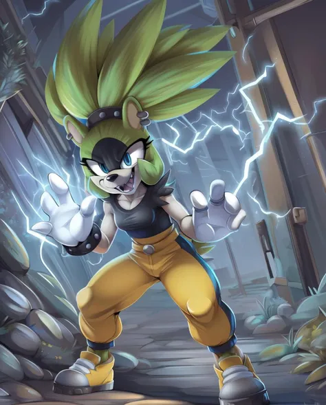 realistic, female, detailed background, surge the tenrec, blue eyes, electricity, ring piercing, shoes, yellow pants, wide stance, sleeveless shirt, gloves, evil grin, open mouth, hands at sides, by teckworks,by gabbah,by kitora <lora:SurgeTheTenrec-021-Polyfur-e050:1>