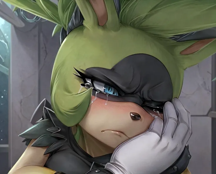 surge the tenrec, female, detailed background, blue eyes, sleeveless shirt, gloves, close-up, looking away, tears, frown, hand on face, one eye closed, <lora:SurgeTheTenrec-021-Polyfur-e050:1>