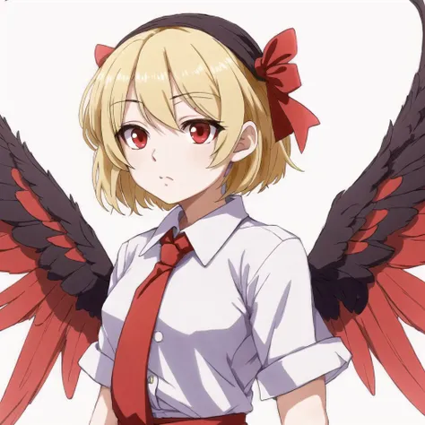 <lora:retro_ham_avas_jun_rifl:1>,
blonde hair, hair ribbon, necktie, red eyes, ribbon, short hair, solo, wings, youkai