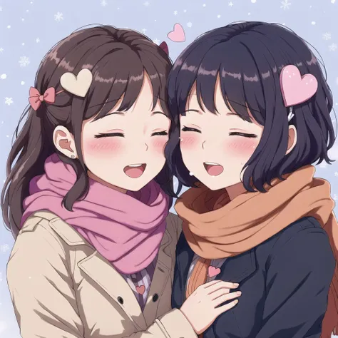 <lora:retro_ham_avas_jun_rifl:1>,
masterpiece, best quality, 2girls, ^ ^, blush, bow, closed eyes, coat, hair bow, hair ornament, hairclip, hand up, heart, hug, limited palette, long hair, multiple girls, open mouth, scarf, shared clothes, shared scarf, simple background, smile, sweatdrop, upper body, winter clothes, yuri