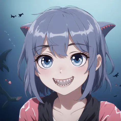 <lora:retro_ham_avas_jun_rifl:1>,
1girl, bangs, blue eyes, blue theme, blush, crossed bangs, eye focus, grin, hair between eyes, highres, dark lighting, looking at viewer, open mouth, saliva, sanpaku, shark girl, sharp teeth, smile, spot color, teeth