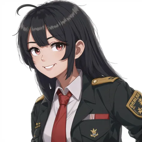 <lora:retro_ham_avas_jun_rifl:1>,


1girl, ahoge, alternate eye color, alternate hair color, artist name, bangs, black hair, black jacket, black shirt, character name, closed mouth, collared shirt, copyright name, eyelashes, hair between eyes, jacket, long hair, long sleeves, looking at viewer, military, military jacket, military uniform, necktie, red eyes, red necktie, shanabi0610, shirt, smile, solo, straight hair, twitter username, uniform, upper body, very long hair, watermark, white background, wing collar