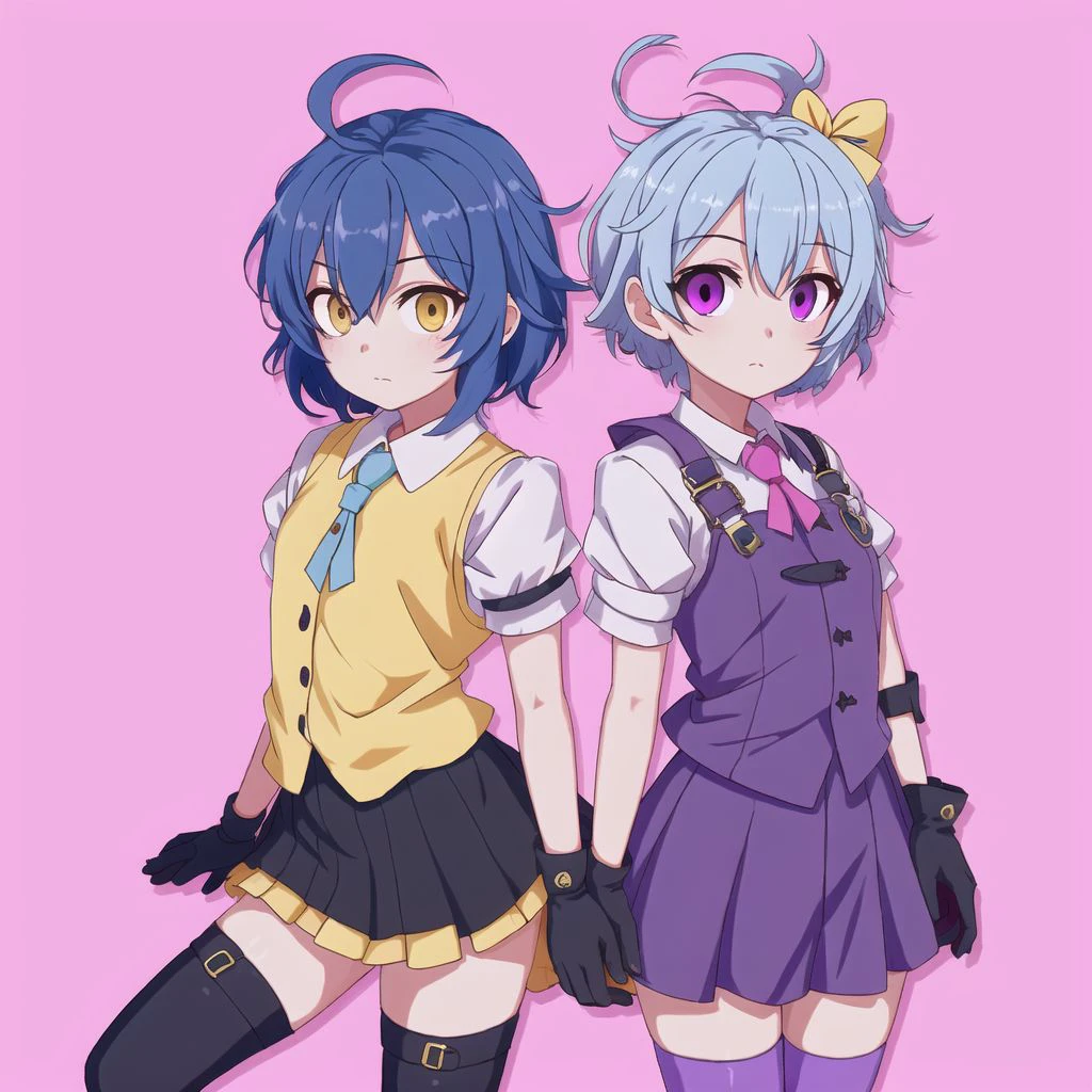 <lora:retro_ham_avas_jun_rifl:1>,
2girls, ahoge, blue hair, eyepatch, gloves, multiple girls, pink eyes, purple hair, short hair, thighhighs, yellow eyes