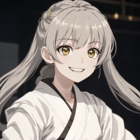 <lora:retro_ham_avas_jun_rifl:1>,
1girl, beautiful cute anime young female karate fighter, ornate, grace, energetic, white, yellow, gray, intricate, cinematic gym, elegant, beige mist, beautiful, large vivid symmetrical eyes, highly detailed, dramatic lighting, cute smug wide smile