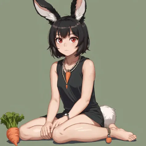 <lora:retro_ham_avas_jun_rifl:1>,
1girl, :/, animal ears, barefoot, black hair, carrot, carrot necklace, jewelry, legs, looking at viewer, pendant, rabbit ears, red eyes, short hair, sitting, solo