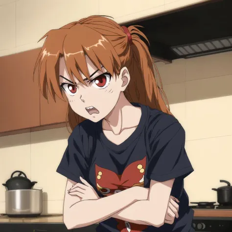 <lora:retro_ham_avas_jun_rifl:1>,
1girl, angry, souryuu asuka langley, t-shirt, kitchen