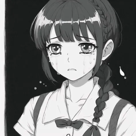 <lora:retro_ham_avas_jun_rifl:1>,
1girl, alternate costume, bangs, blunt bangs, braid, comic, crying, crying with eyes open, monochrome, school uniform, serafuku, solo, tears