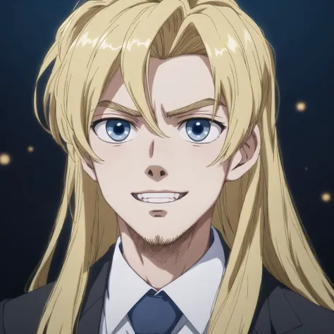 <lora:retro_ham_avas_jun_rifl:1>,
handsome cool anime young man, realistic detailed semirealism handsome 25 year old slim man with flowing long blonde hair dressed in formal attire, happy go lucky expression, carefree, but with sad blue eyes