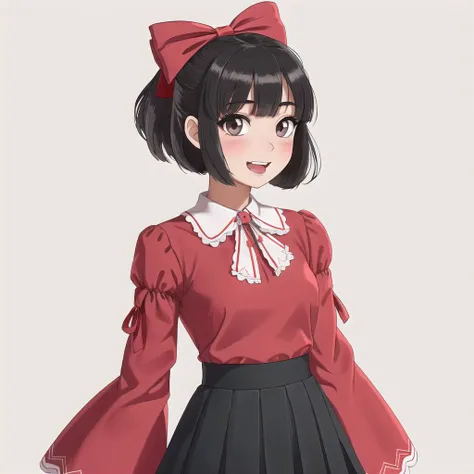 <lora:retro_ham_avas_jun_rifl:1>,
1girl, :d, ascot, bangs, black eyes, black hair, blush, bow, cowboy shot, detached sleeves, eyebrows visible through hair, frills, gohei, hair bow, hair tubes, highres, holding, looking at viewer, midriff, miz \(mizillustration\), navel, open mouth, red bow, red skirt, ribbon-trimmed sleeves, ribbon trim, sidelocks, skirt, skirt set, smile, solo, wide sleeves