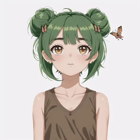 <lora:retro_ham_avas_jun_rifl:1>,
1girl, :<, animal, bangs, bare shoulders, blush, brown eyes, bug, butterfly, closed mouth, double bun, dress, eyebrows visible through hair, green hair, hair ornament, hand up, highres, insect, long hair, looking at viewer, sidelocks, simple background, skull hair ornament, sleeveless, sleeveless dress, solo, upper body, virtual youtuber, white background