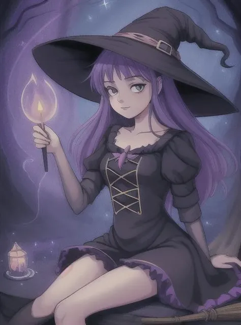 best quality, detailed, witch girl attractive, magic:2, spell spells, hat dress, seductive, broom between legs, sitting on broom, flying:2, night, dream, vibrant colors <lora:avasAnimeHampster_v10:1>