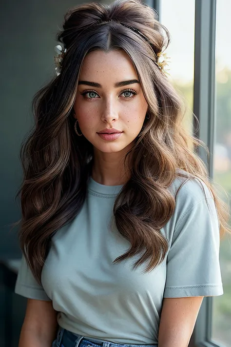 beautiful woman (EPH4nn4h3lZ4h3d:.99), perfect hair, (pearl earrings:1.1), ((portrait)), (closeup:1.2), ((from the waist up)), ((( classroom :1.2 ))), natural skin texture, (( Boxy tee and denim shorts :1.2)), ((wearing Floral Hair Accessory :1.2 )), 24mm, 4k textures, soft cinematic light, adobe lightroom, photolab, hdr, intricate, elegant, highly detailed, sharp focus, ((((cinematic look)))), soothing tones, insane details, intricate details, hyperdetailed, low contrast, soft cinematic light, exposure blend, hdr, faded, now, ("I've got a bad feeling about this.":1.1)