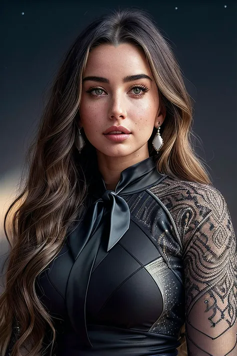 beautiful woman (EPH4nn4h3lZ4h3d:.99), perfect hair, (pearl earrings:1.1), ((portrait)), (closeup:1.2), ((from the waist up)), (((  night sky :1.2 ))), natural skin texture,  ((  Rashguard :1.2)), ((wearing Geometric Print Necktie :1.2 )), 24mm, 4k textures, soft cinematic light, adobe lightroom, photolab, hdr, intricate, elegant, highly detailed, sharp focus, ((((cinematic look)))), soothing tones, insane details, intricate details, hyperdetailed, low contrast, soft cinematic light, exposure blend, hdr, faded, now, ("I've got a bad feeling about this.":1.1)