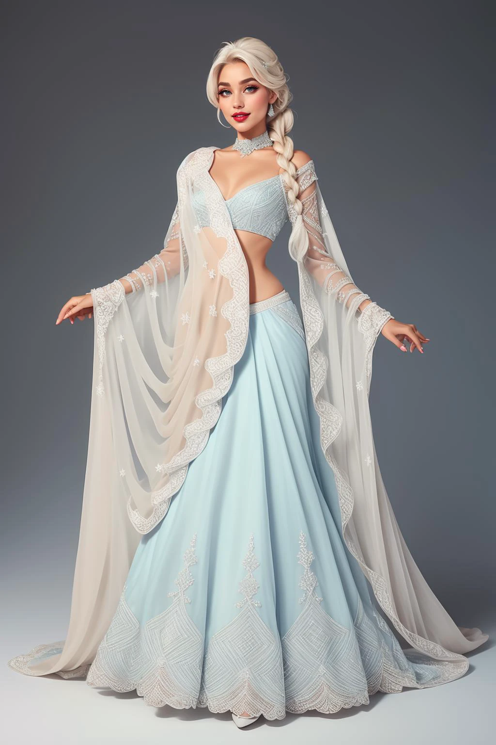 beautiful adult woman, solo, smile <lora:BPL3-46:0.65> vibrant colors, elsa \(frozen\), (blue:1.1 cotton dress), gossamer cloak, (frost magic), (snowflakes), platinum blonde braid, layered lehenga, ((dupatta scarf)), dr3ss, embroidered ballgown, organza, lace, standing, choker ,see-through sleeves, long sleeves, eyeliner, eyeshadow, makeup, red lips , Contemporary Scandinavian Sanctuary, Clean lines, neutral tones, and cozy textures, creating a serene and minimalist escape from the modern world., high quality, best quality, high detail, 8k resolution, sharp focus, standing,