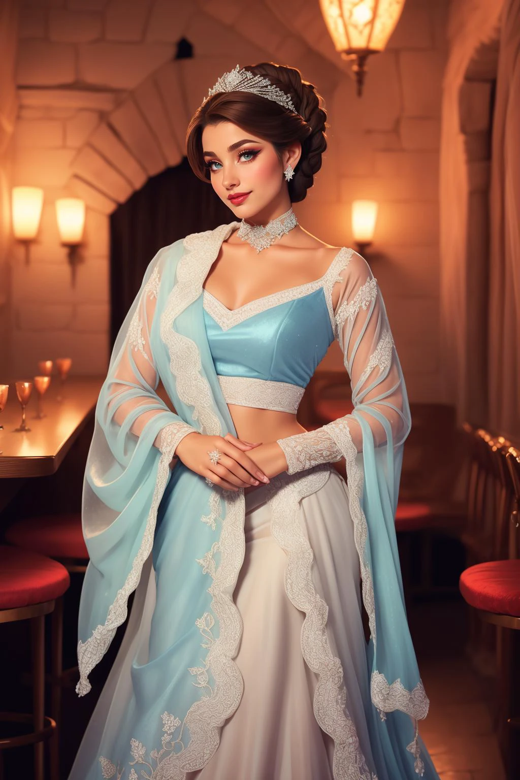 beautiful adult woman, solo, smile (((brown hair))) sleek chignon, (velvet bow:1.2) <lora:BPL3-46:0.65> vibrant colors, elsa \(frozen\), (blue:1.1 cotton dress), gossamer cloak, (frost magic), (snowflakes), platinum blonde braid, layered lehenga, ((dupatta scarf)), dr3ss, embroidered ballgown, organza, lace, standing, choker ,see-through sleeves, long sleeves, eyeliner, eyeshadow, makeup, iridescent lips , Intimate Portuguese Fado Bar with softly glowing lanterns and flickering candles, creating an intimate setting to experience the soulful sounds of Fado music., high quality, best quality, high detail, 8k resolution, sharp focus, standing,