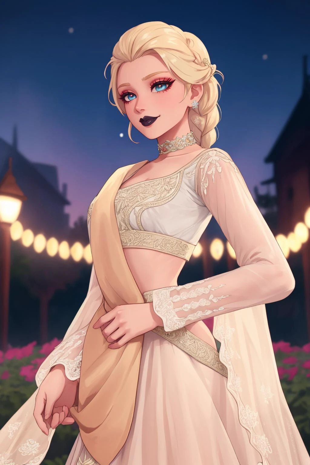 cinematic film still anime artwork beautiful adult woman, solo, smile <lora:Outfit_soph_CholiLehengaDupatta:0.65> vibrant colors, elsa \(frozen\), (blue:1.1 cotton dress), gossamer cloak, (frost magic), (snowflakes), platinum blonde braid layered lehenga, choli, ((dupatta scarf)), dr3ss, embroidered, organza, lace, standing, choker ,see-through sleeves, long sleeves, eyeliner, eyeshadow, makeup, black lips , beautiful garden, outdoors, high quality, best quality, high detail, 8k resolution, standing, anime style, vibrant, studio anime, highly detailed . shallow depth of field, vignette, highly detailed, high budget, bokeh, cinemascope, moody, epic, gorgeous, film grain, grainy