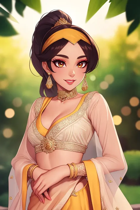 cinematic film still anime artwork beautiful adult woman, solo, smile <lora:Outfit_soph_CholiLehengaDupatta:0.65> vibrant colors, jasmine \(aladdin\), blue:1.2 harem dancer fashion, dark hair, puffy ponytail, long ponytail, headband layered lehenga, choli, ((dupatta scarf)), dr3ss, embroidered, organza, lace, standing, choker ,see-through sleeves, long sleeves, eyeliner, eyeshadow, makeup, iridescent lips , beautiful garden, outdoors, high quality, best quality, high detail, 8k resolution, standing, anime style, vibrant, studio anime, highly detailed . shallow depth of field, vignette, highly detailed, high budget, bokeh, cinemascope, moody, epic, gorgeous, film grain, grainy