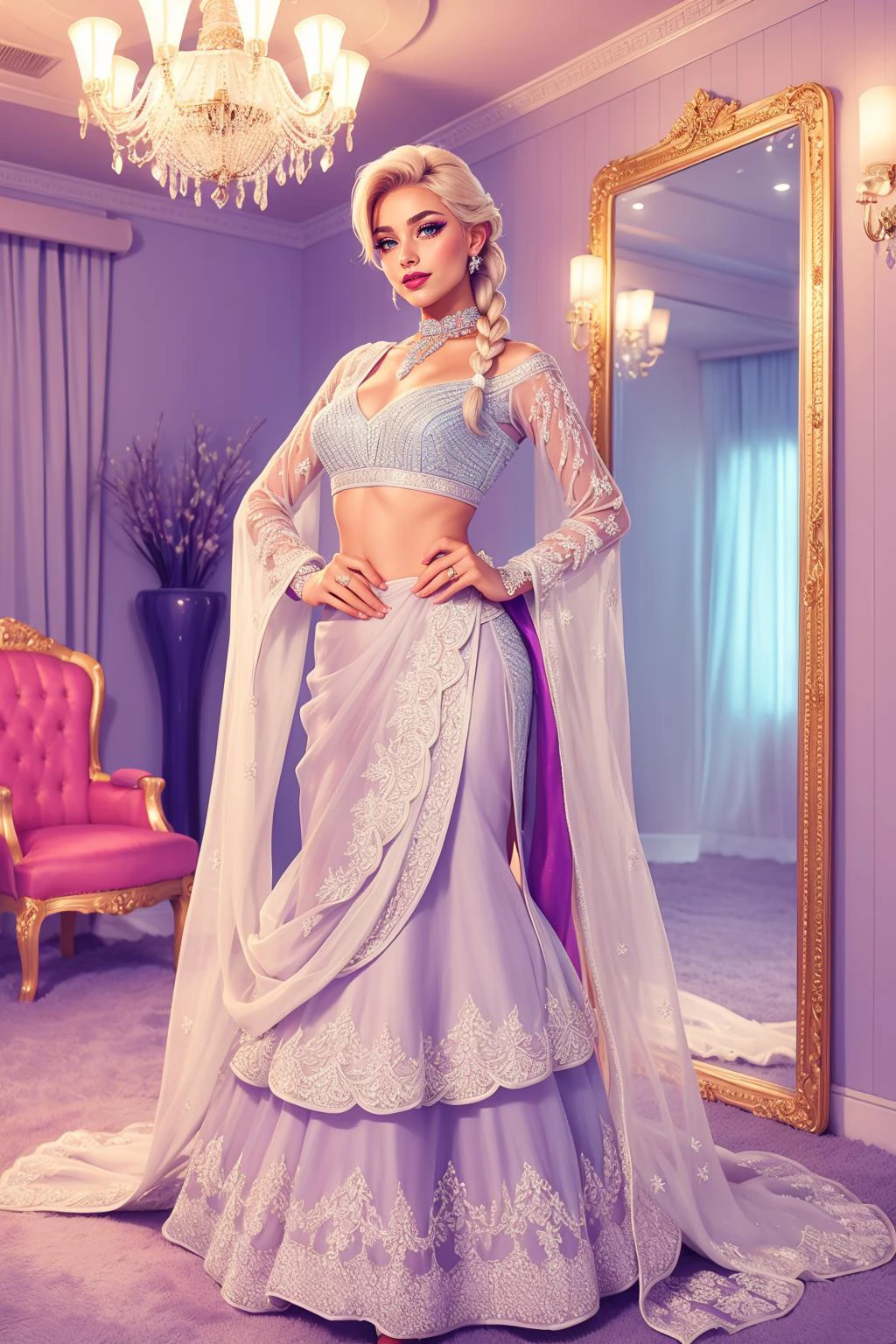 beautiful adult woman, solo, smile <lora:BPL3-46:0.65> vibrant colors,elsa \(frozen\), (blue:1.1 cotton dress), gossamer cloak, (frost magic), (snowflakes), platinum blonde braid, layered lehenga, choli, ((dupatta scarf)), dr3ss, embroidered, organza, lace, standing, choker ,see-through sleeves, long sleeves, eyeliner, eyeshadow, makeup, purple lips , Classic Hollywood Glamour Suite, Mirrored accents, plush velvet furnishings, and a lavish dressing area, transporting you to the golden age of cinema., high quality, best quality, high detail, 8k resolution, sharp focus, standing,