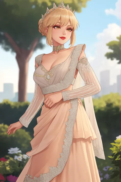 cinematic film still anime artwork beautiful adult woman, solo, smile <lora:Outfit_soph_CholiLehengaDupatta:0.65> vibrant colors, Artoria Pendragon: Short blond hair, (blue and silver themed) armor, medieval English fashion layered lehenga, choli, ((dupatta scarf)), dr3ss, embroidered, organza, lace, standing, choker ,see-through sleeves, long sleeves, eyeliner, eyeshadow, makeup, red lips , beautiful garden, outdoors, high quality, best quality, high detail, 8k resolution, standing, anime style, vibrant, studio anime, highly detailed . shallow depth of field, vignette, highly detailed, high budget, bokeh, cinemascope, moody, epic, gorgeous, film grain, grainy
