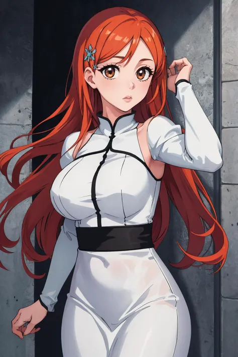 masterpiece, best quality, 1girl, solo, <lora:inoueorihime-bleach-richy-v1:1> orihimedress, hair ornament, white dress, long sleeves