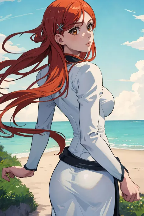 masterpiece, best quality, 1girl, solo, <lora:inoueorihime-bleach-richy-v1:1> orihimedress, hair ornament, white dress, long sleeves