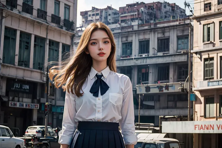 (masterpiece,best quality:1.5), Ultra-realistic 8k CG, (photorealistic:1.2),HDR,RAW photo,film grain,
highly detailed background,
1girl, european girl, blonde hair, long hair, blue eyes, school uniform, serafuku, from below,
street,saigon,
<lora:saigon:0.6>