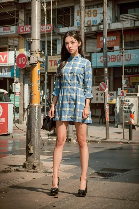 street, saigon, analog film movie style, vivid color, film grain, cinematic lighting, low saturation, high contrast, beautiful girl, perfect anatomy, slender body, long pony tail hair, beautiful eyes, plaid dress, pantyhose, (full body:1.4), (masterpiece:1.2), best quality, high quality, (absurdres:1.2), (realistic:1.2), 8k, raw, ultrarealistic <lora:test5:0.35><lora:test09:0.4> <lora:Oldsaigon-v1.0:0.6>