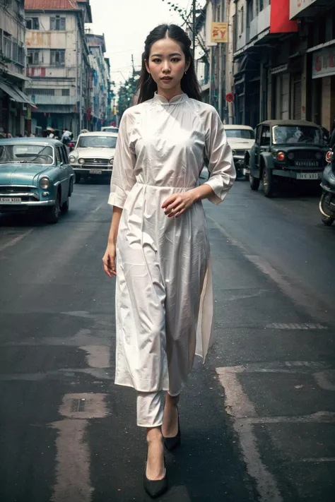 Ultra-realistic 8k CG,masterpiece,best quality,(photorealistic:1.2),HDR,RAW photo, (film grain:1.1), ((Depth of field)),(looking at viewer:1.2), street, saigon, 1girl, pants, (full body)), aodai,
<lora:saigon:0.6>,
<lora:aodai:0.7>, (masterpiece,best quality:1.5)