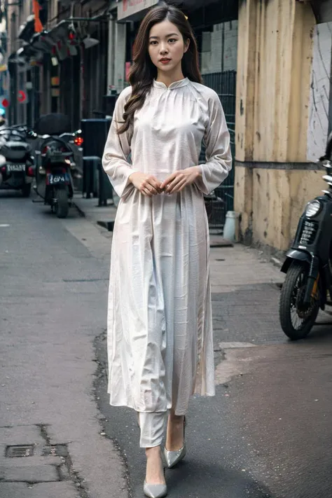 masterpiece, best quality,(photorealistic:1.2),HDR, 8K, RAW photo, depth of field, film grain, wrinkled skin, pale skin, dimly lit, shade, flustered, ((long hair, bangs), highly detailed, Ultra-realistic 8k CG, looking at viewer, street, saigon, 1girl, blouse, (full body)), ((white aodai)),
<lora:VietnameseDollLikeness-v1.0:0.5>,
<lora:aodai:0.75>,
<lora:saigon-000008:0.7>, (masterpiece,best quality:1.5)