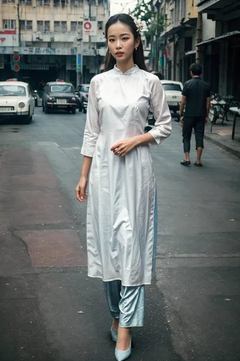 Ultra-realistic 8k CG,masterpiece,best quality,(photorealistic:1.2),HDR,RAW photo, (film grain:1.1), ((Depth of field)),(looking at viewer:1.2), street, saigon, 1girl, pants, (full body)), aodai,
<lora:saigon:0.6>,
<lora:aodai:0.7>, (masterpiece,best quality:1.5)