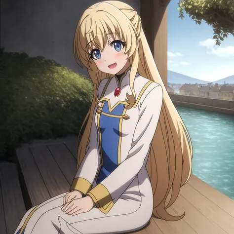 (cowboy shot),Priestess,solo,small breasts,looking at viewer,:d,light blush,outdoors,day,sitting,on grass,head tilt,river,